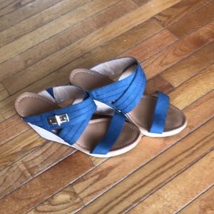 These are Tommy Hilfiger wedges. Double strap, blue with cork heal.